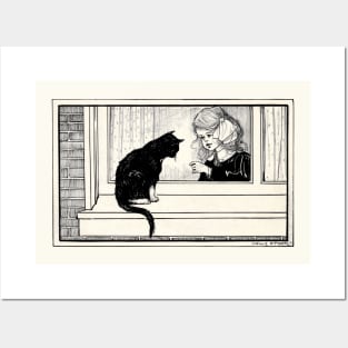 Girl talking to a cat on the windowsill Posters and Art